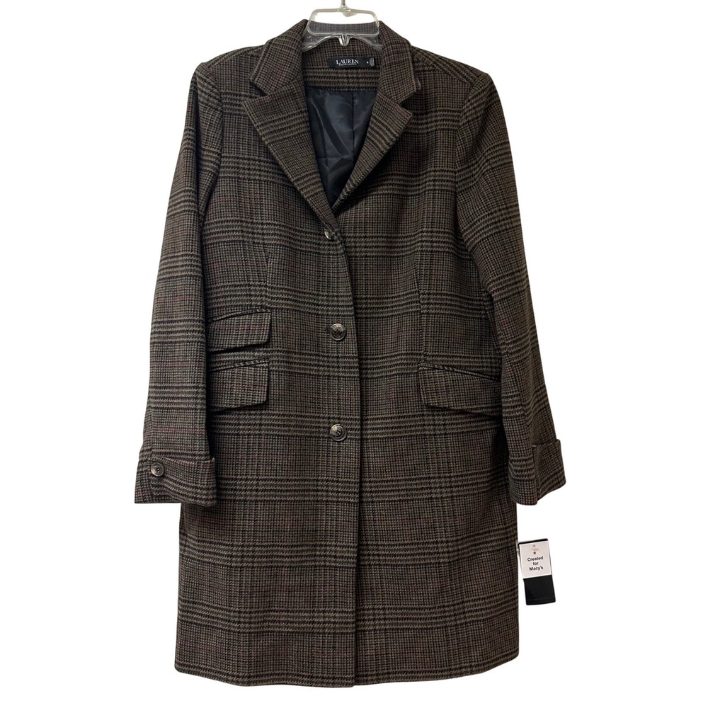 Lauren Ralph Lauren Houndstooth Wool Blend Reefer Walker Coat Brown Loden  14